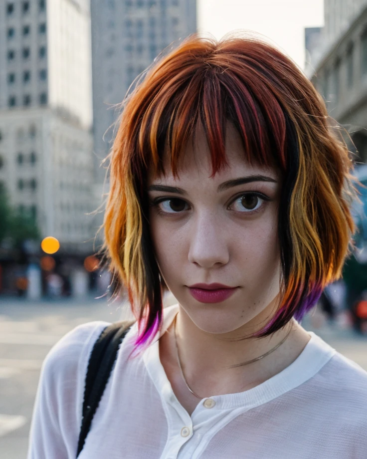 a picture of m4ryeliz2, colorful hair, realistic, photorealistic, detailed skin, surface scattering, bokeh, skin pores, city streets,wearing a white shirt,outdoors, <lora:m4ryeliz2:1>looking at viewer, epiCPhoto