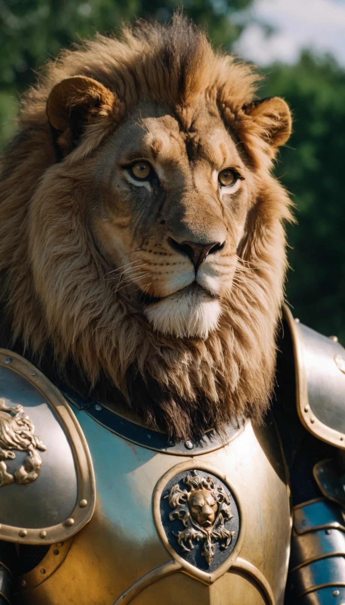 a lion in armor poses for a picture, cinematic close shot, Fujifilm XT3, Canon R5, Fujicolor Fujichrome Velvia 100