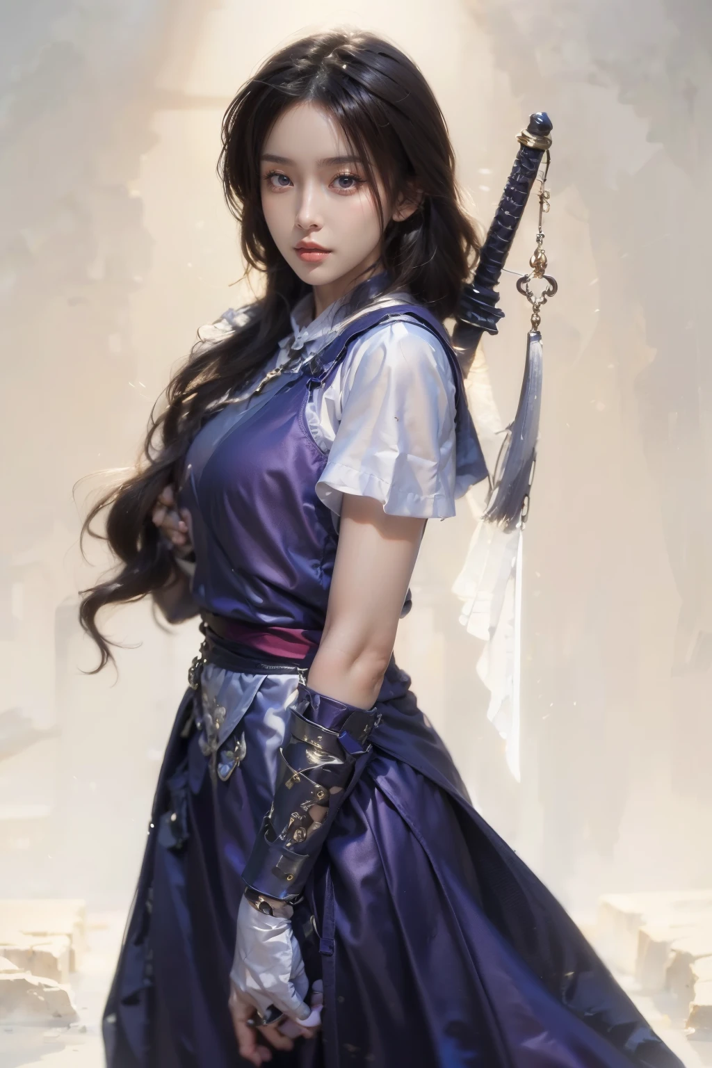 <lora:lin08:0.7>,(face lighting:0.8),bright backlight,medium breasts,super high resolution,best quality,Photos,4k,(Realistic:1.2),lin,1girl,1girl,solo,weapon,sword,long hair,white background,black hair,looking at viewer,dress,simple background,weapon on back,sheathed,purple dress,brown eyes,short sleeves,lips,sheath,