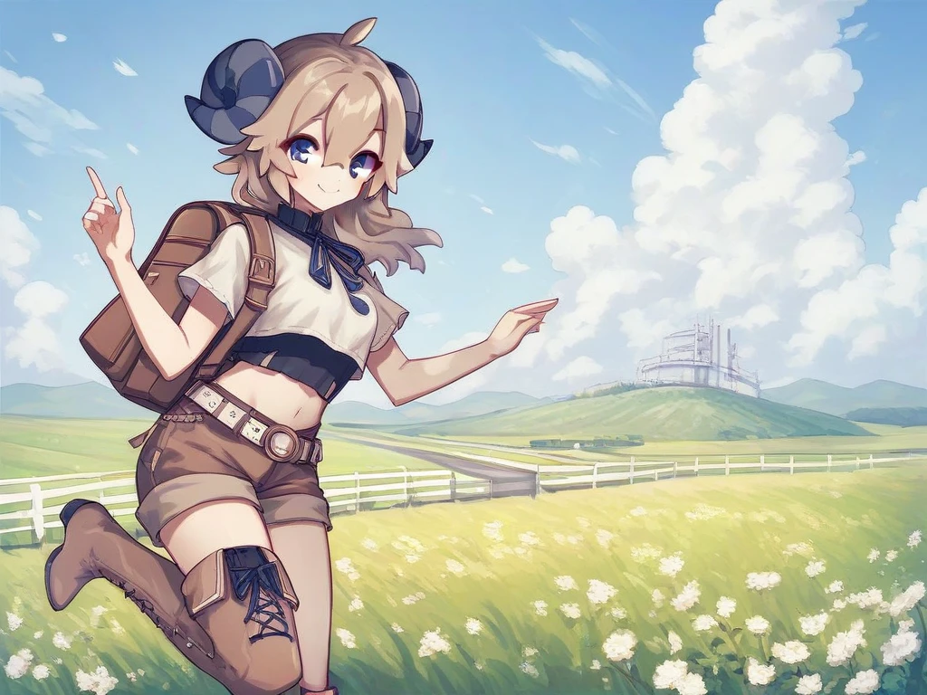 <lora:Neoki-PonyXL-1024px:0.7>
score_5_up,  score_6_up,
1girl, solo, outdoors, standing on one leg, wearing (crop top, brown shorts, belt, thigh boots, brown backpack), farmland, day, blue sky, smile, sheep_horns