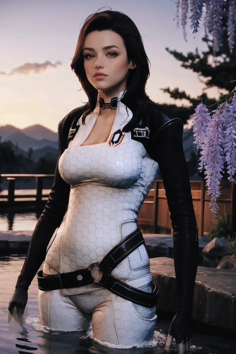 masterpiece, best quality, high quality, highres, wading,looking at viewer,solo,water, sunset, onsen, wisteria,moody lighting, BREAK, 
GAME_MassEffect_Miranda_ownwaifu, www.ownwaifu.com, 
1girl, black hair, breasts, long hair, lips, black eyes, blue eyes, large breasts,  makeup, nose, brown hair, collar, lipstick,  black collar, 
bodysuit, choker, jacket, belt, fishnets, cleavage,gloves, fishnet legwear, fingerless gloves,fishnet bodysuit, spacesuit,white bodysuit, cropped jacket, holster, long sleeves, leather jacket, skin tight, 
<lora:GAME_MassEffect_Miranda_ownwaifu-15:1>