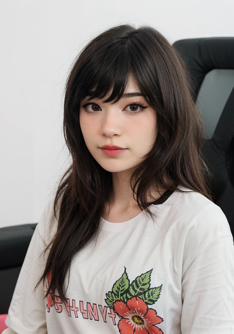 1girl, emirulol, (close up:1.4), ((headshot)), flowered tshirt, long sleeves, simple background, white background,