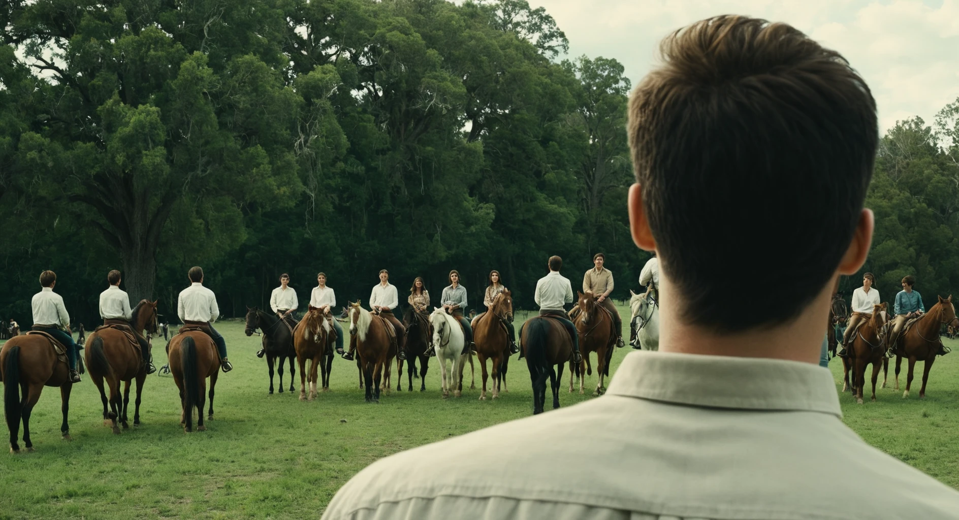 cinematic film still of <lora:Split Diopter style:1>
Split image focus of a man's back at the left looking at a group of people riding horses far away,Split Diopter style,short hair,multiple girls,brown hair,shirt,black hair,white shirt,upper body,male focus,outdoors,multiple boys,sky,cloud,from behind,blurry,tree,grass,nature,field,eren yeager,nearsighted,farsighted,split,split focus,focus,sharp focus,deep focus,Split focus,split screen , artistic, Kodak, dramatic light, dramatic shadow light, contrast, saturated color, cinematic, filmic, motion picture, realistic, realism, perfection, perfect, deep focus, clean image, wide screen, detailed image, cinematic, deep space composition, shallow depth of field, vignette, highly detailed, high budget, bokeh, cinemascope, moody, epic, gorgeous, film grain, grainy