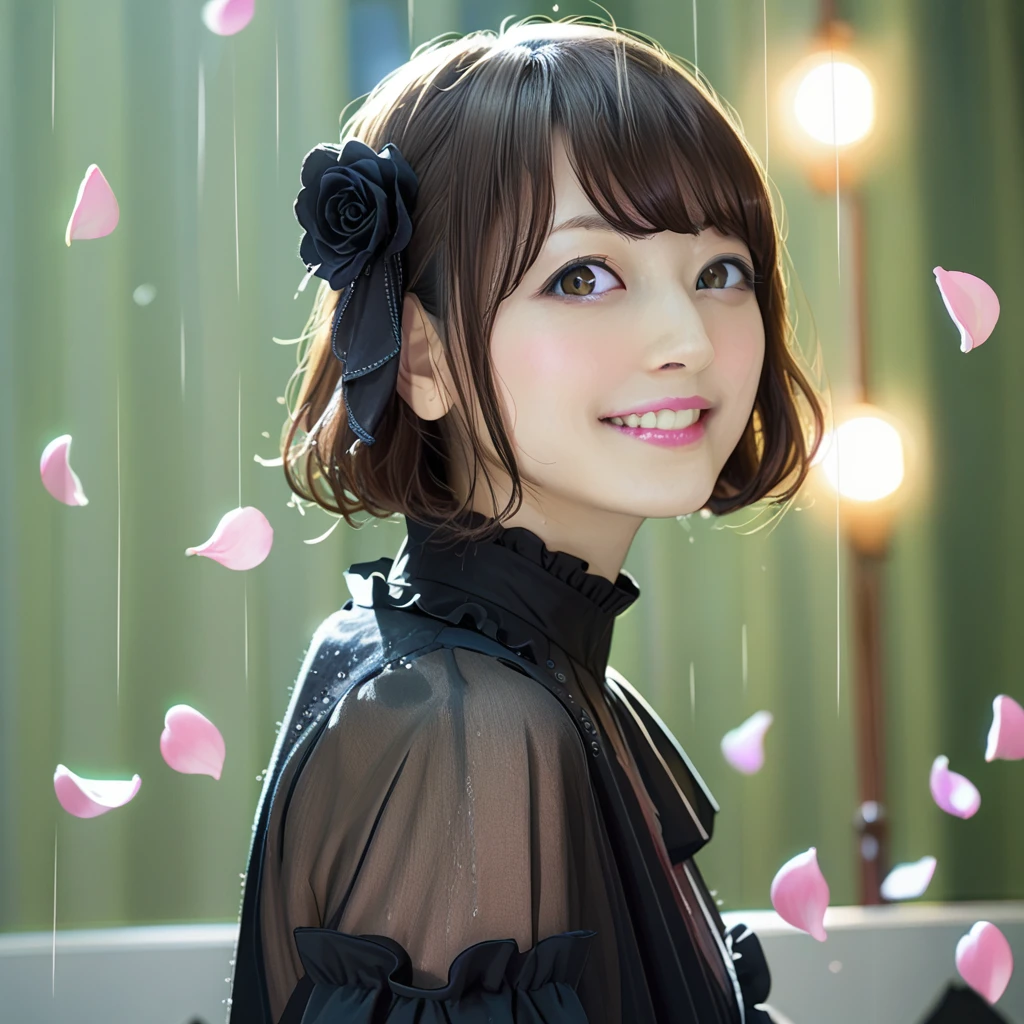 score_9, score_8_up, score_7_up, score_6_up, <lora:KanaZawa:0.8> kanahanazawa wearing gothic dress with frilled sleeves, stage lights, raining black flower petals, profile looking at viewer, smile,