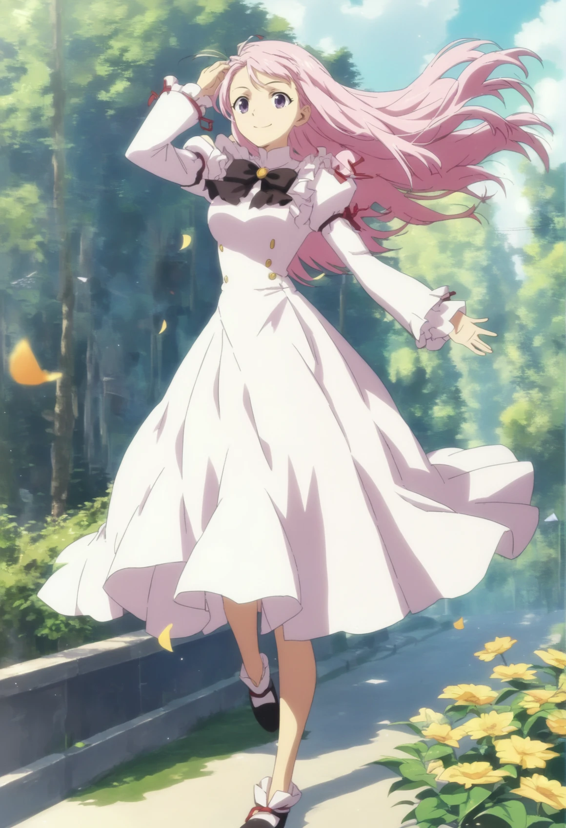 1 girl, solo, pink hair. purple eyes, long hair, white dress, hand on hair, full body, hair on wind, breeze, hand on hair, closeup, outdoors, harbor, smiling , anime screencap, <lora:Liliana XL:1>, score_9, score_8_up, score_7_up, score_6_up, score_5_up, score_4_up, BREAK source_anime, masterpiece