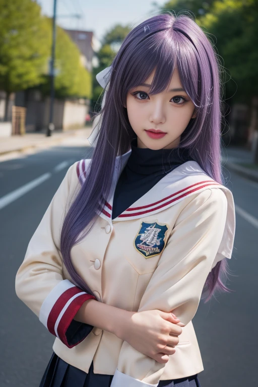 ltra-detailed,highly detailed,best quality,masterpiece,illustration,realistic,photorealistic,
fujibayashi kyou, hikarizaka private high school uniform,
1girl, solo, cosplay,
shirt, sailor collar,
purple hair, bangs, hair ribbon, 
looking at viewer, upper body, 
 <lora:fujibayashi kyou_v1_05:0.7>