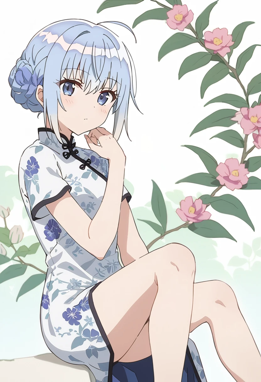 1girl, haiselita aldridge, anime screencap, solo, chinese clothes, china dress, hair flower, ahoge, looking at viewer, short sleeves, eyebrows visible through hair, silver hair, sitting, closed mouth, white dress, hand up, blue flower, grey eyes, knee up, sidelocks, floral print, hair between eyes, short hair, blue eyes, small breasts, feet out of frame, white background, print dress, expressionless, floral background, blurry background, depth of field, purple flower, side slit, braided bun, french braid, bare legs, short dress, blue dress, long hair, knees up, blush, dutch angle, tied hair, shiny hair, thighs, grey hair, leg up, shiny, looking to the side, from side, pelvic curtain, white hair, red flower, bare arms, hand on own shoulder, head tilt, eyes visible through hair, white flower, arm up, pink flower, plant, single braid, :/, leaf background, legs, leaf, black ribbon, rose print, fingernails, high collar, cowboy shot, arm support, eyelashes, invisible chair, see-through, flower knot, backlighting, eyebrows, shoes, medium hair, one knee, outdoors, masterpiece, best quality <lora:haiselita_aldridge_sdxl_locon_ani_v1:0.7>