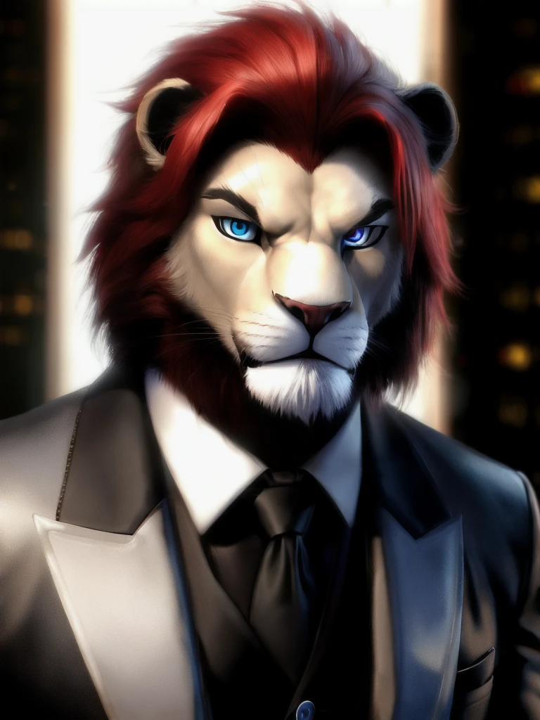 cgi, realism, lion, tuxedo, red hair, blue eye, hitman, serious, half body, muscle body