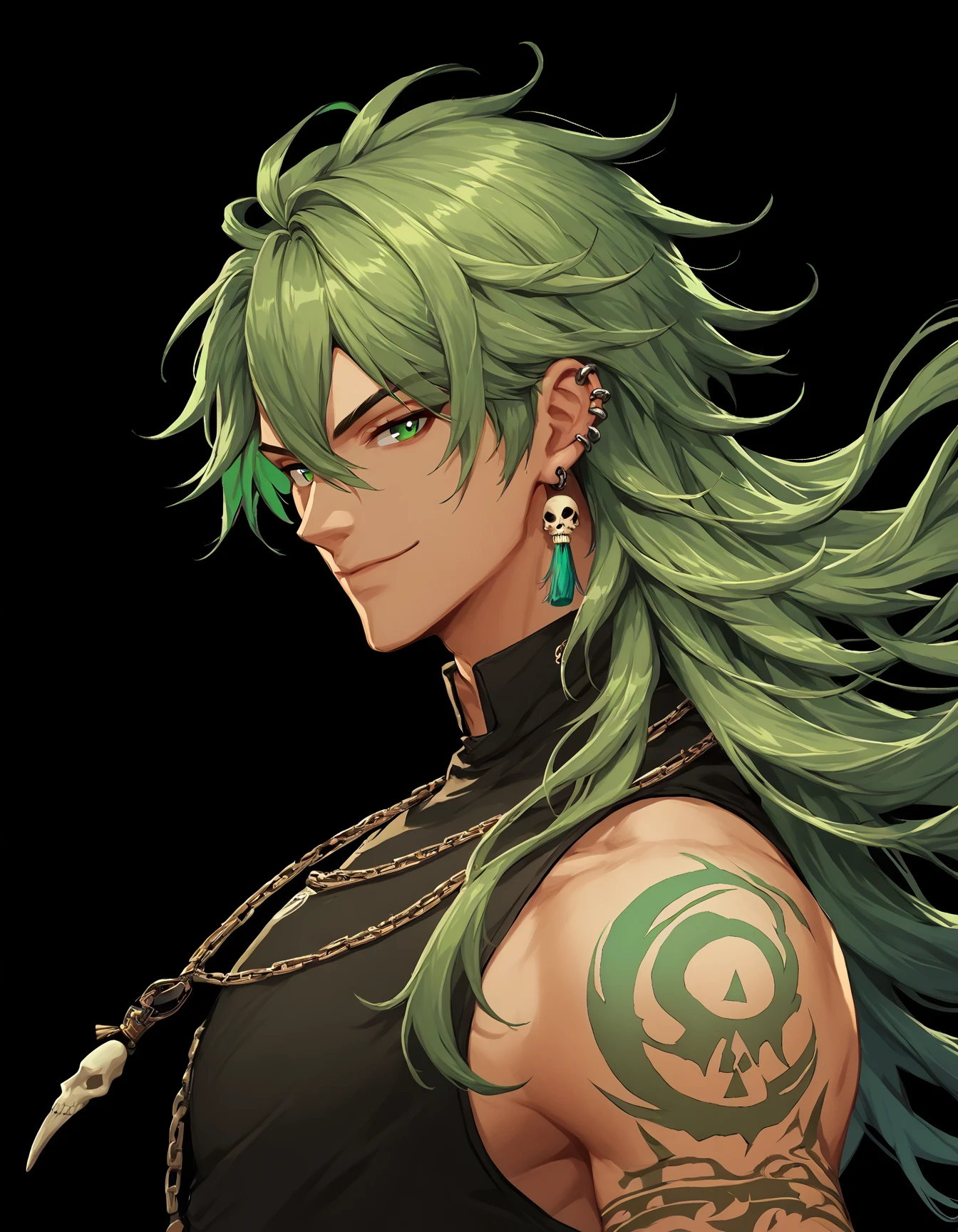 score_9, score_8_up, score_7_up, score_6_up, score_5_up, score_4_up, solo, long hair, looking at viewer, smile, simple background, 1boy, hair between eyes, jewelry, closed mouth, green eyes, upper body, male focus, multicolored hair, earrings, green hair, necklace, from side, tattoo, mask, floating hair, chain, piercing, fire, black background, tassel, ear piercing, portrait, skull, arm tattoo, chain necklace