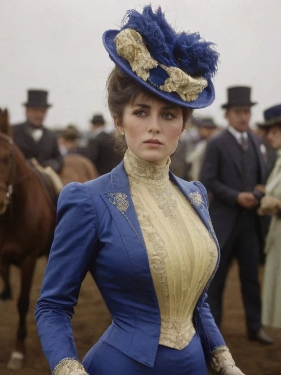 half length shot, Hasselblad,  fujifilm color photo of shapely woman wearing layered intricate, cobalt blue and pastel lemon blouse, dress, jacket and hat, makeup at the horse races, (huge breasts:1.3), slim waist <lora:Belle_Epoque_Dresses_1880-1914_XL:1> 1890_dr3ss <lora:Jennifer8XL:1