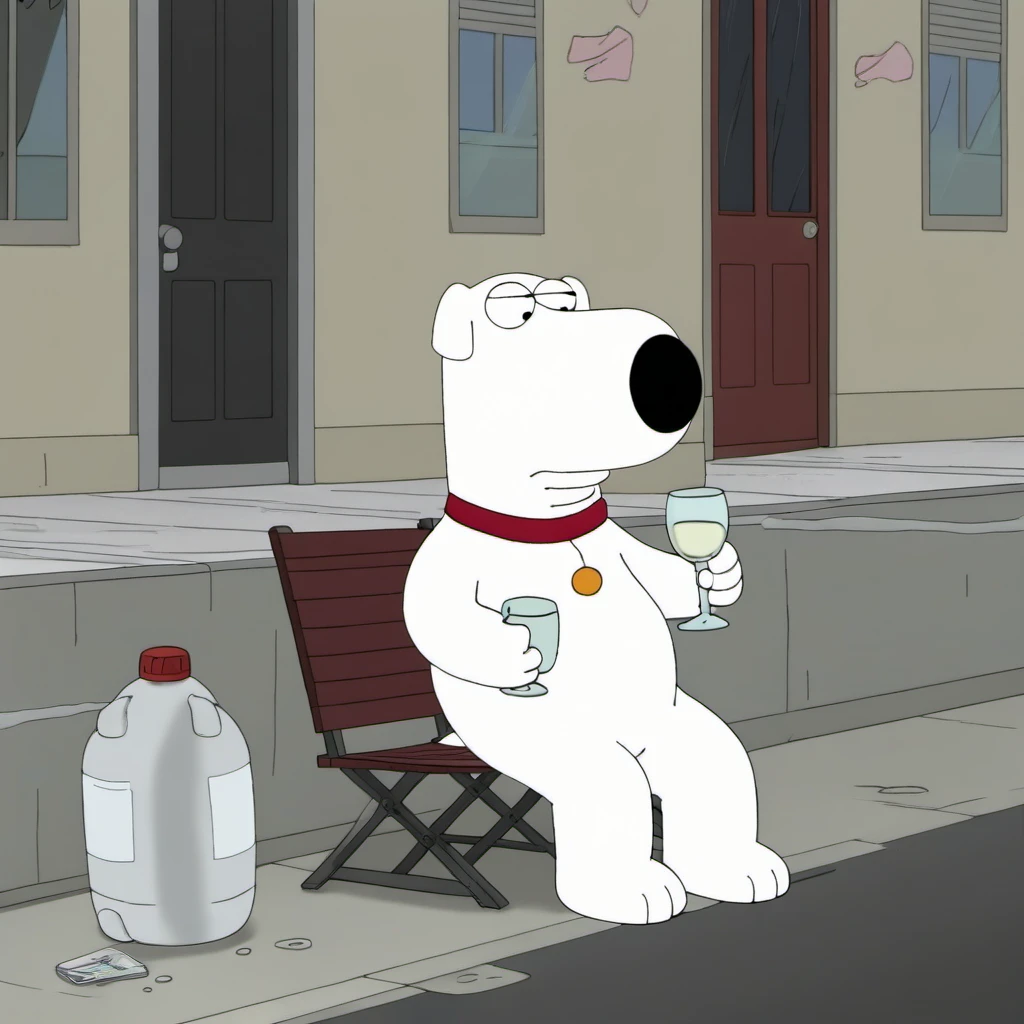 a brian griffin drinks wine sitting in the street <lora:Brian1024:0.9>