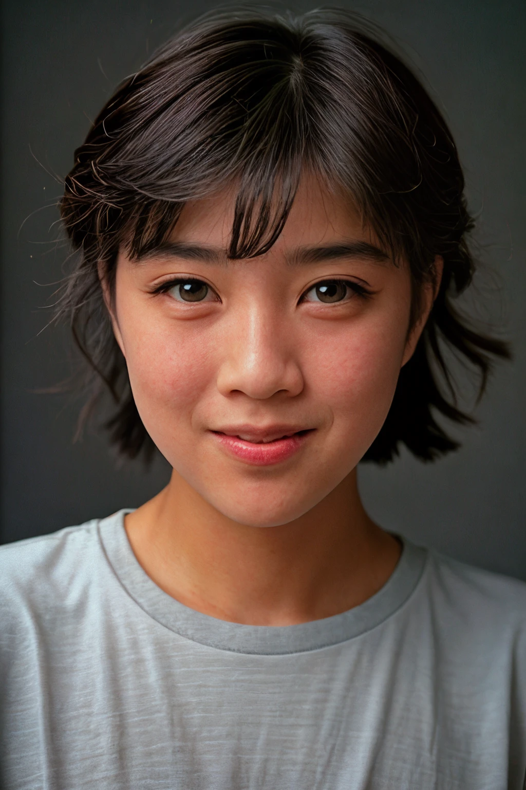 analog film photo <lora:[JP]_-_Momoko_Kikuchi:1> momokokikuchi, solo, (looking at viewer), smile, realistic lighting, asymmetrical hair, (detailed skin), (detailed face), grin512, ((simple plain grey tshirt:1.2))
BREAK
(simple dark gray background:1.5)
BREAK
masterpiece, best quality, ultra-detailed, ultra high res, (photorealistic:1.4), raw photo, (realistic:0.2), 8k HDR, 1girl, bokeh, f1.4, 40mm, photorealistic, raw, 8k, textured skin, skin pores, intricate details, by Beau Grealy
BREAK
<lora:PAseer-SD15-LCM Quick:1> <lora:epiCRealismHelper:.4> <lora:DStyle_-_Photography_Style:.4> dstyle, RAW candid cinema, 16mm, color graded portra 400 film, remarkable color, ultra realistic, textured skin, remarkable detailed pupils, realistic dull skin noise, visible skin detail, skin fuzz, dry skin, shot with cinematic camera . faded film, desaturated, 35mm photo, grainy, vignette, vintage, Kodachrome, Lomography, stained, highly detailed, found footage