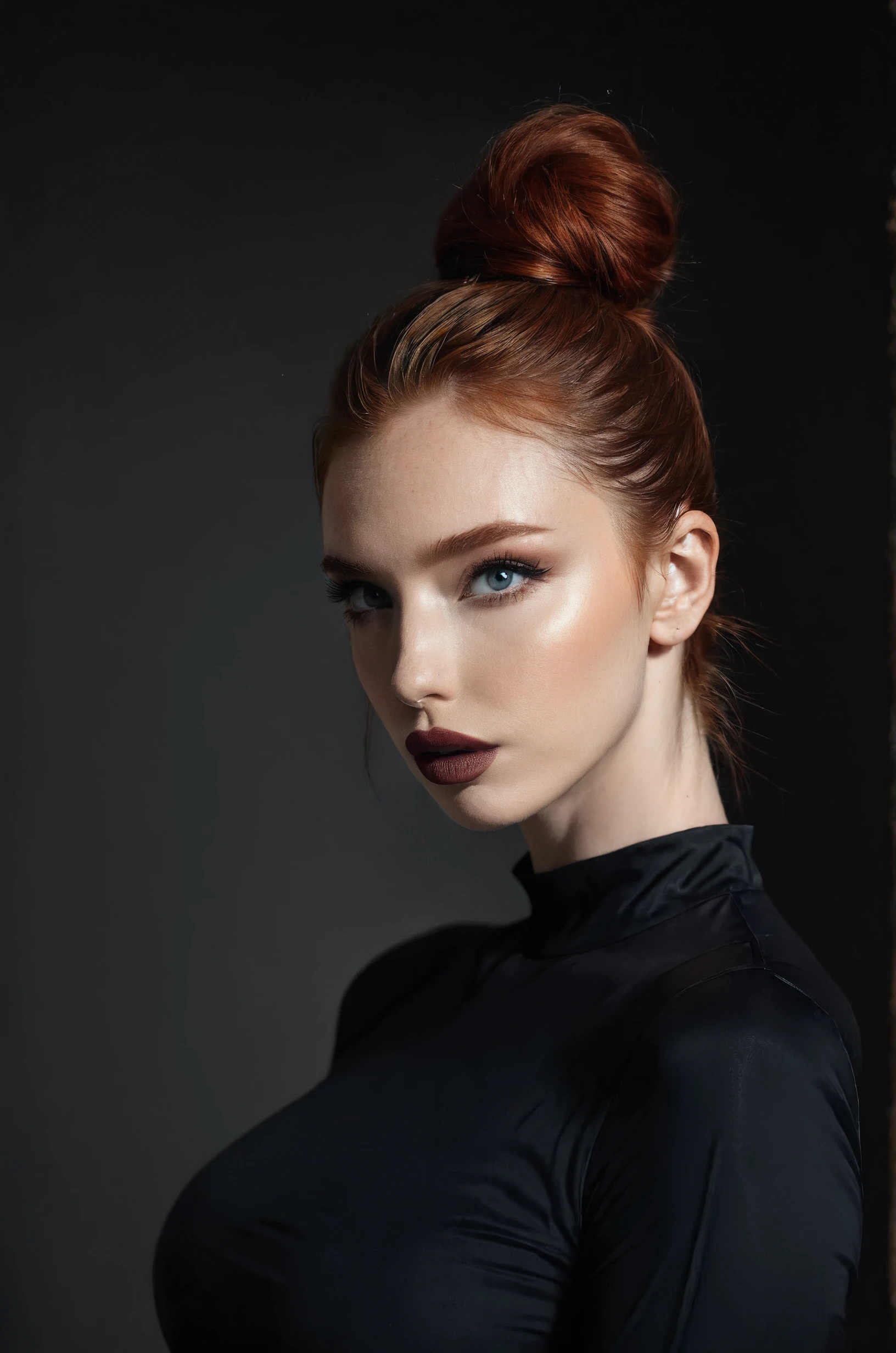 an eye contact of a red hair with bun hair and dark theme  <lora:alinaXL_v1:1> al1n3st3renk0