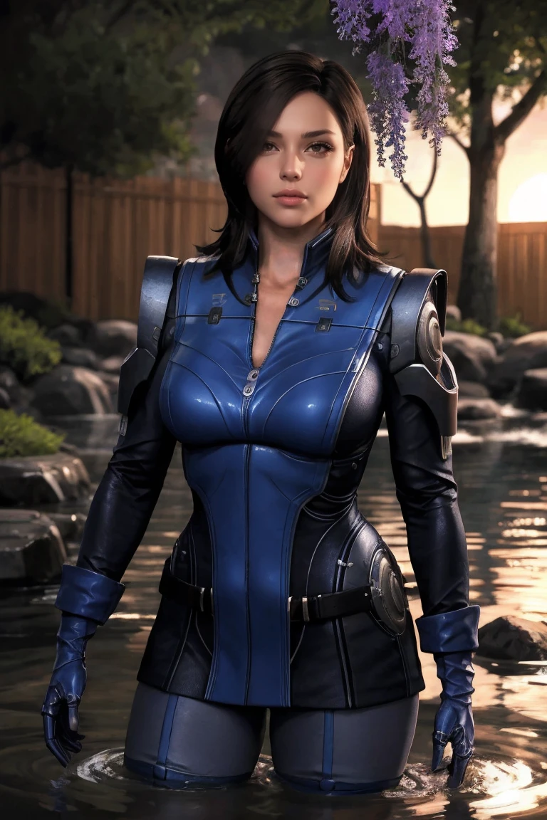 masterpiece, best quality, high quality, highres, wading,looking at viewer,solo,water, sunset, onsen, wisteria,moody lighting, BREAK, 
GAME_MassEffect_Ashley_ownwaifu, www.ownwaifu.com, 
1girl, long hair, lips,  breasts, black hair, brown eyes, nose, hair over one eye,large breasts,  collarbone, makeup,  bangs, thighs, 
bodysuit,gloves, jacket, uniform,  cleavage, shoulder pads, zipper, emblem, military,skin tight, blue bodysuit, holster, pilot suit, 
<lora:GAME_MassEffect_Ashley_ownwaifu-15:0.8>