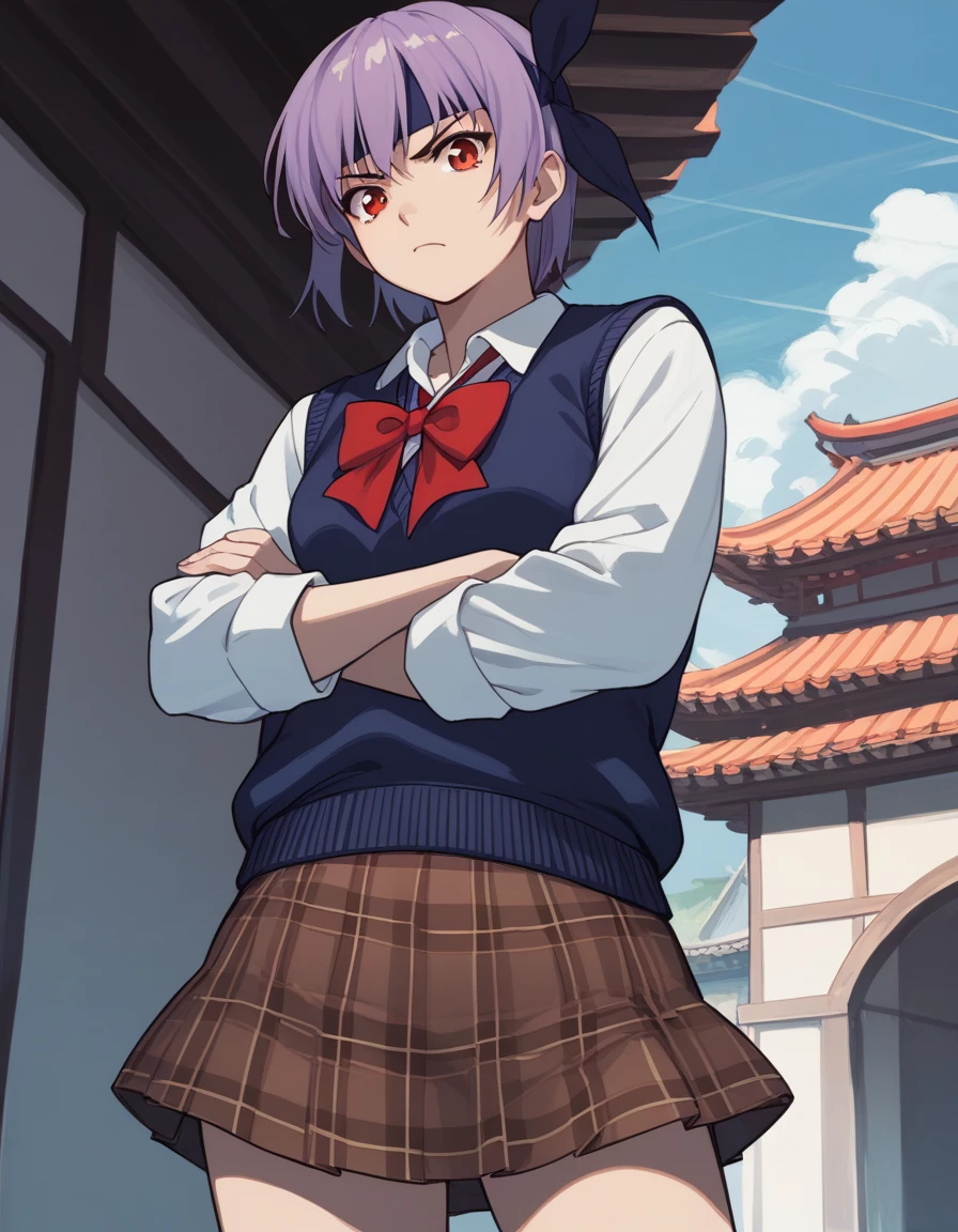 score_9, score_8_up, score_7_up, score_6_up, score_5_up, score_4_up, source_anime,
<lora:ayane-v2-ponyxl-000008:1>
ayane, headband,
school uniform, dark blue sweater vest, red bow, plaid skirt, brown skirt, miniskirt,
1girl, solo, kunai, serious, east asian architecture