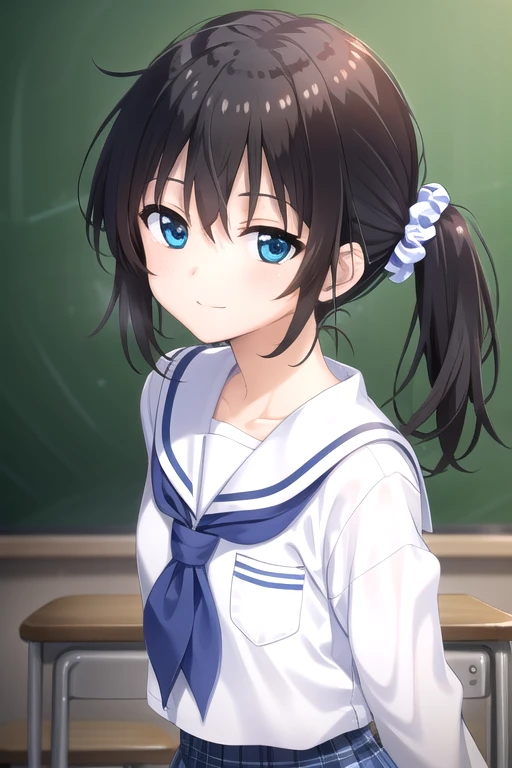 ((masterpiece)),(best quality),official art,extremely detailed CG,unity 8k wallpaper,ultra detailed,beautiful detailed eyes,extremely detailed face,classroom,1girl,solo,upper body,(portrait:1.5),looking at viewer,facing viewer,(petite:1.2),smile,Onami Kohaku,very long hair,black hair,side ponytail,hair intakes,hair scrunchie,blue scrunchie,hair ornament,hair between eyes,blue eyes,sailor collar,serafuku,white shirt,neckerchief,long sleeves,blue skirt,plaid skirt,pleated skirt,black socks,loafers,<lora:Onami Kohaku(oazgs)>,