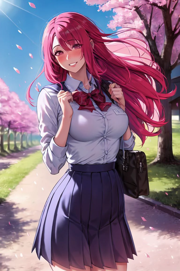 masterpiece, <lora:furiouzly-49:1>
furiouzly,  solo, 1girl, blush, cowboy shot, wind, school uniform, parted lips, hand up, wind, cherry blossoms, smile, sun, detailed background, holding bag, hair behind ear, pushing back hair, clear sky, school, long hair, hair flower, pink hair