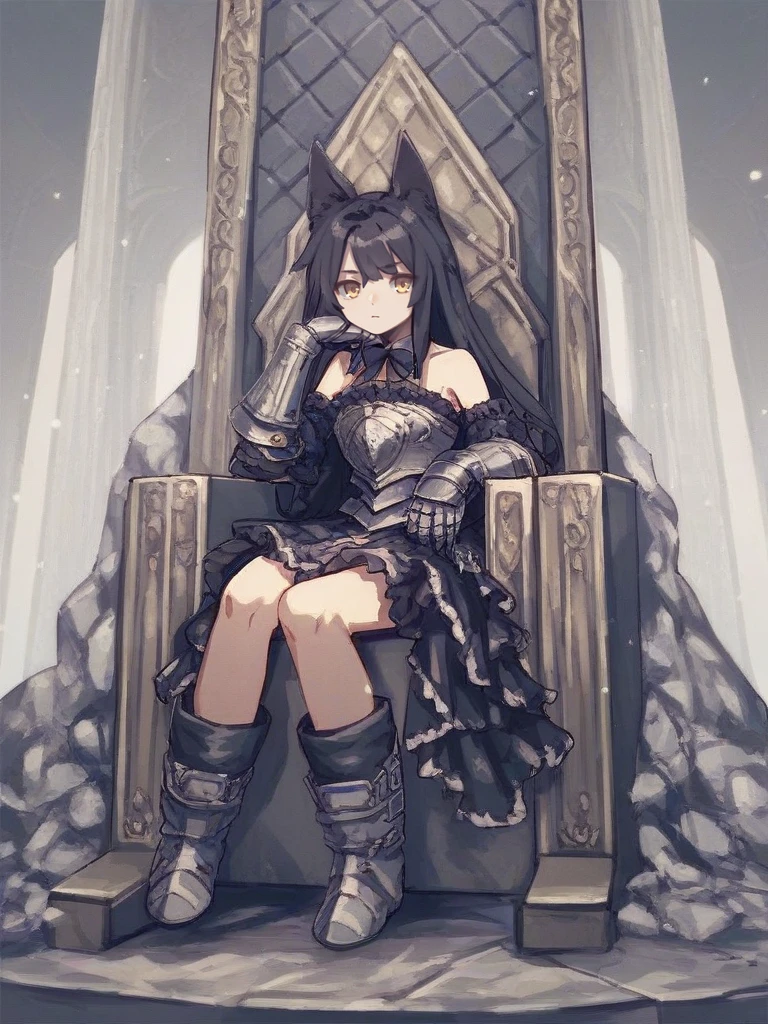 <lora:Neoki-PonyXL-1024px:0.8>
score_5_up,  score_6_up,
1girl, solo, sitting on throne, chin rest,  wearing (armor, boots, gauntlets, bare shoulders, frills), wolf ears, long black hair, bowtie