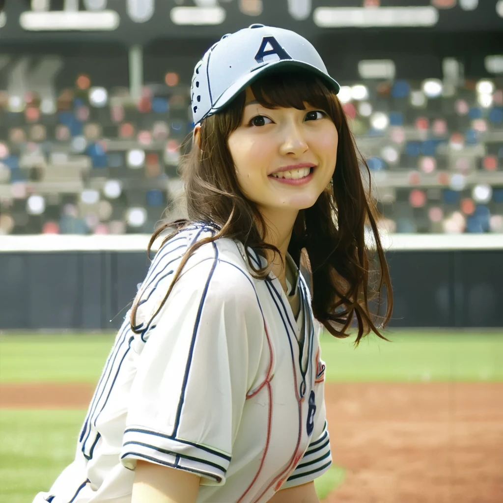 score_9, score_8_up,  <lora:KanaZawa:0.8> kanahanazawa girl, baseball uniform, arena, smile, long hair,