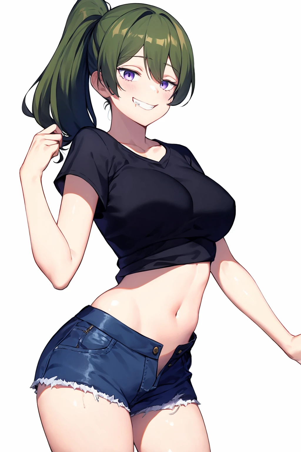 masterpiece,best quality, <lora:ubel:1>,1girl, shorts, smile, navel, purple eyes, solo, green hair, midriff, crop top, white background, shirt, grin, short shorts, looking at viewer, simple background, side ponytail, holding, short sleeves, black shirt, breasts, long hair, blood, cowboy shot, teeth, bag, brown shorts, bangs, cropped shirt, stomach, medium breasts, cutoffs, hair between eyes, ponytail, t-shirt, denim shorts