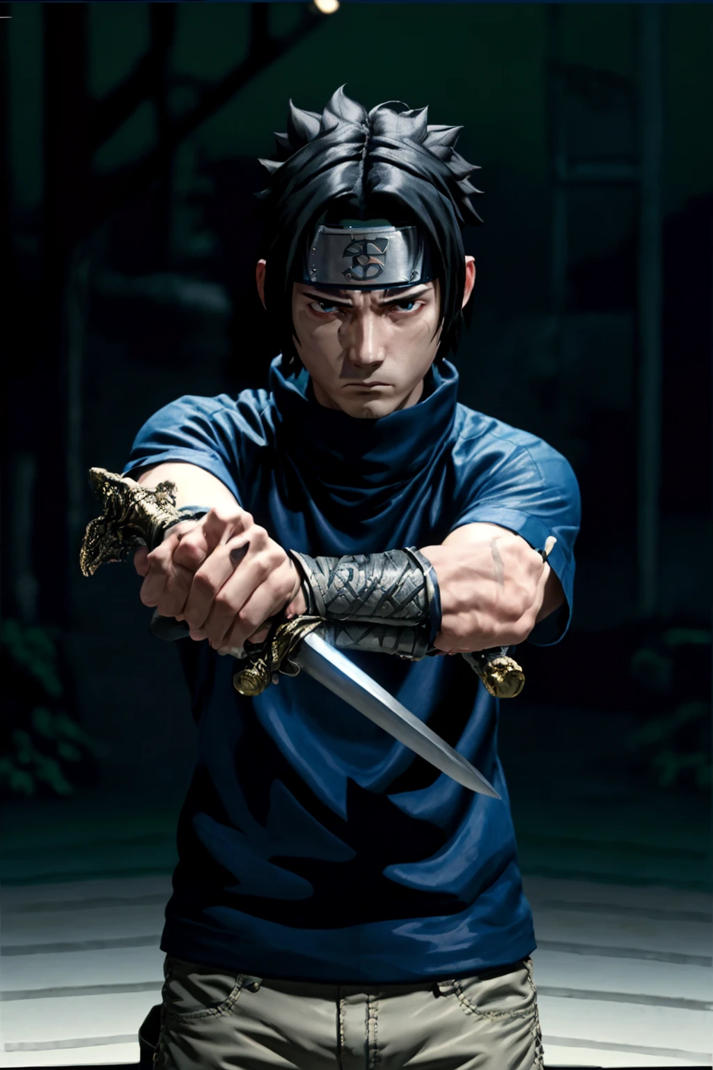 cinematic film still (best quality, masterpiece:1.2), photorealistic, ultra high res, front lighting, intricate detail, Exquisite details and textures, s4suk3, 1boy,spiked hair, (forehead protector), (headband), weapon, short sleeves, sword, ninja, high collar, (konohagakure symbol), short hair, sheathed, holding, japanese clothes, looking at viewer, detailed face, professional lighting, photon mapping, radiosity, physically-based rendering, . shallow depth of field, vignette, highly detailed, high budget, bokeh, cinemascope, moody, epic, gorgeous, film grain, grainy, Sasuke, Genin, long hair, beatiful boy<lora:EMS-316303-EMS:1.000000>, <lora:EMS-179-EMS:0.600000>