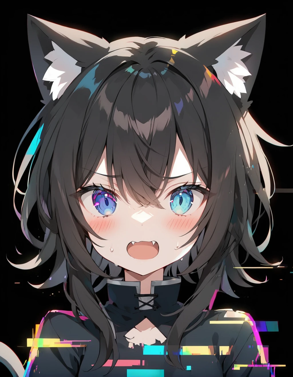 1girl,black_background,blood,broken_skin,colored_skin,colorful,cracked_skin,heterochromia,multicolored_skin,portrait,simple_background,solo,sweat,twin_drills,<lora:Difference_3d2:1>,<lora:Fran_XL_Reincarnated_As_A_Sword__Tensei_Shitara_Ken_Deshita:0.7>,fran,black hair,cat ears,blue eyes,cat tail,cat girl,blush,(glitch:1.5),fangs,evil,(Anime Girl Glitch:1.5),