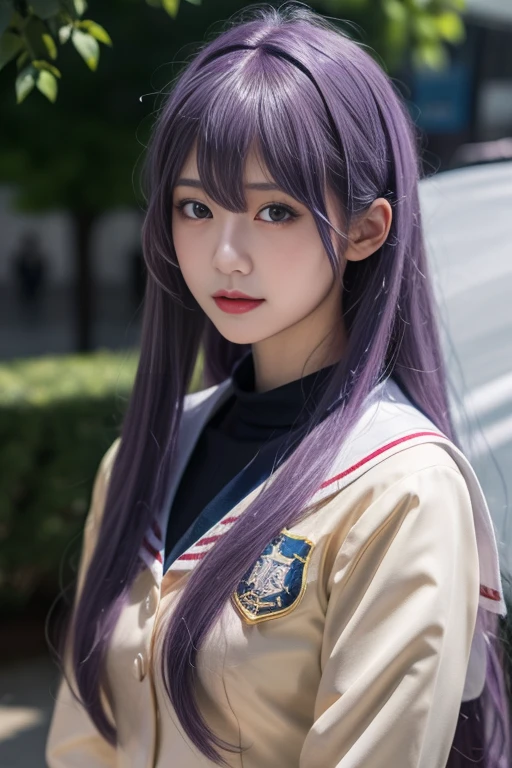 ltra-detailed,highly detailed,best quality,masterpiece,illustration,realistic,photorealistic,
fujibayashi kyou, hikarizaka private high school uniform,
1girl, solo, cosplay,
shirt, sailor collar,
purple hair, bangs, hair ribbon,
looking at viewer, upper body,
<lora:fujibayashi kyou_v1_05:0.7>