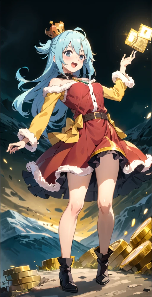 AquaV2, 1girl, solo, excited, blush, red royal dress, fur trim, gold crown on head, ((standing on mountain of gold coins)), road made of gold, money, happy, jumping in air, perfect quality, good quality, masterpiece, HDR, UHD <lora:Aqua V2-000003:0.6>