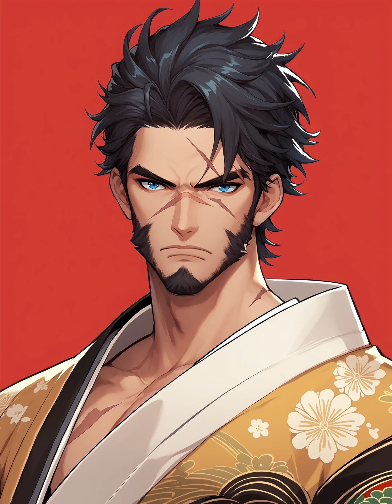 score_9, score_8_up, score_7_up, score_6_up, score_5_up, score_4_up, solo, looking at viewer, short hair, blue eyes, black hair, 1boy, closed mouth, upper body, male focus, japanese clothes, kimono, facial hair, scar, portrait, red background, beard, scar on face, serious, mature male, manly