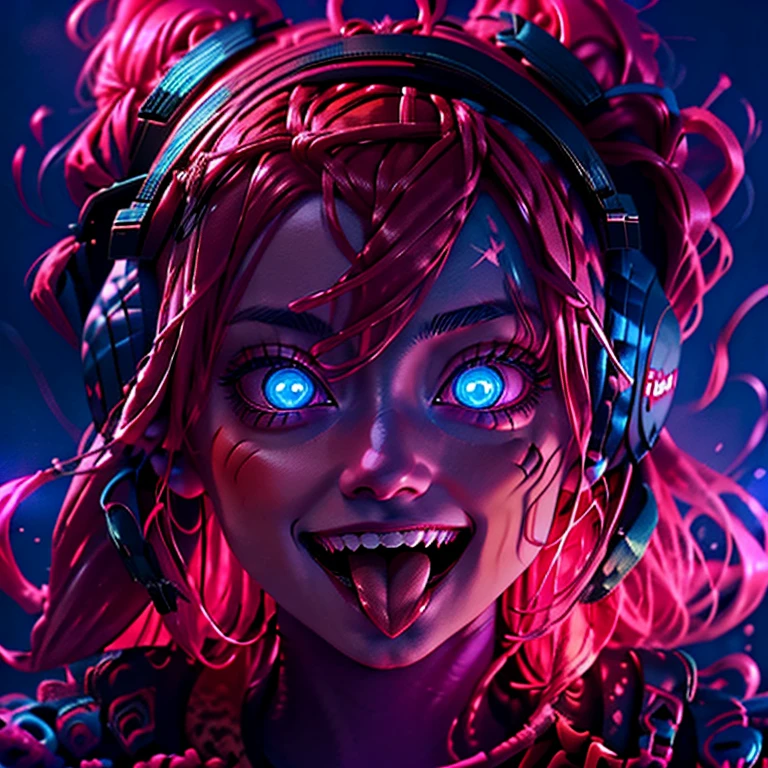 1girl,solo,long hair,looking at viewer,smile,open mouth,blue eyes,hair ornament,pink hair,red hair,teeth,tongue,tongue out,glowing,headphones,portrait,glowing eyes,
<lora:DarkerLight2:1>,DarkerLight