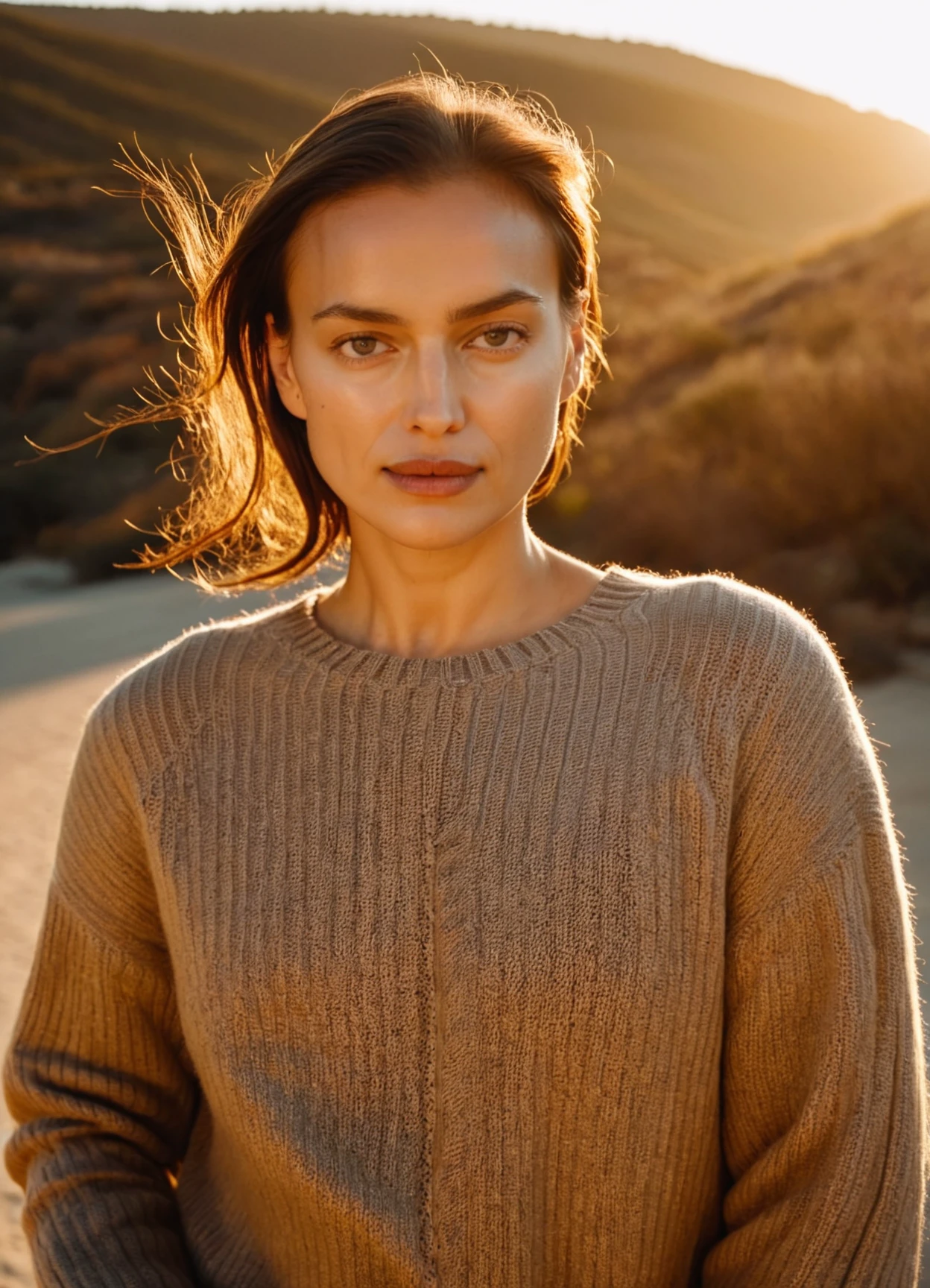 beautiful high resolution photo of ir1na woman,long hair pulled back,looking at camera,kodachrome,F/1.8,volumetric lighting,wearing sweater,golden hour