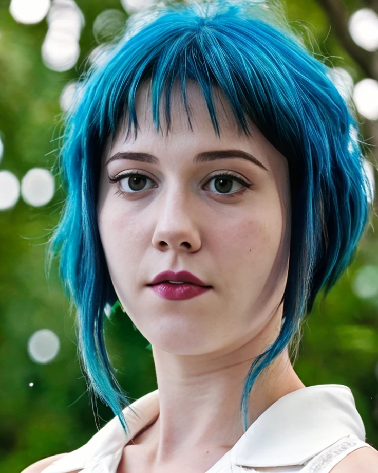 a picture of m4ryeliz2, blue hair, realistic, photorealistic, detailed skin, surface scattering, bokeh, skin pores, trees background,wearing a white blouse,park, <lora:m4ryeliz2:1>looking at viewer, epiCPhoto
