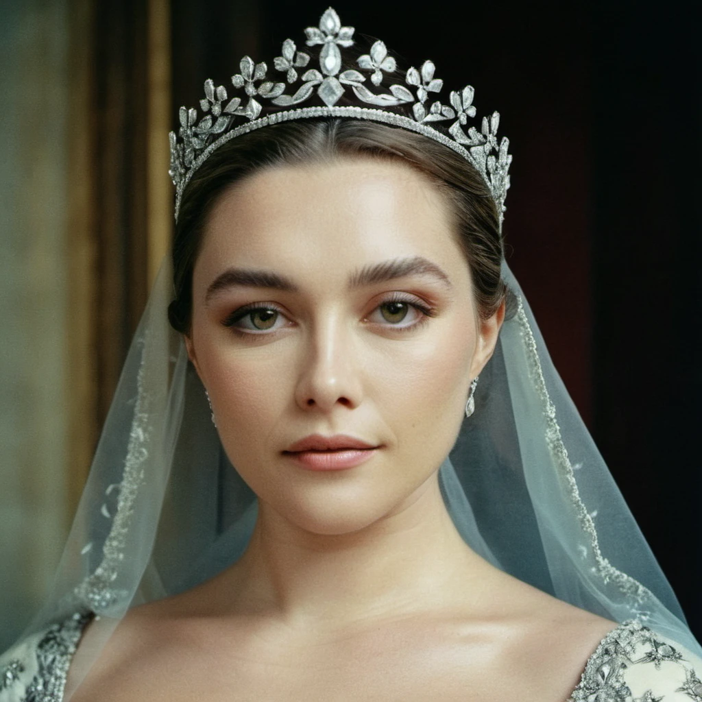 (Skin texture),High qualitycloseup face portrait photo, analog, film grain, actress dressed as a medieval queen with a delicate diamond tiara,regal, <lora:flopugh_xl_1_standard_wo_cap_merger_17_68_05_05:1>