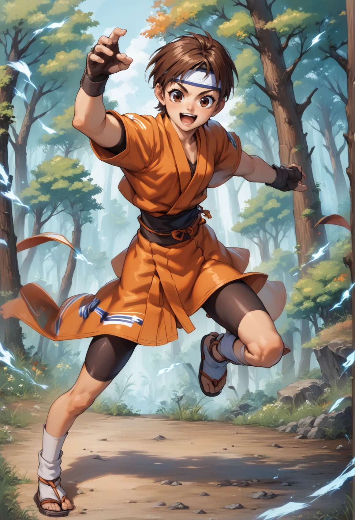 1girl, short hair, brown hair, brown eyes, smile, orange japanese clothes, short sleeves, bike shorts, armored legwar, fingerless gloves, fighting pose, full body, outdoors, forest, cowboy shot  <lora:Wakaba XL:1>, score_9, score_8_up, score_7_up, score_6_up, score_5_up, score_4_up, BREAK source_anime, masterpiece
