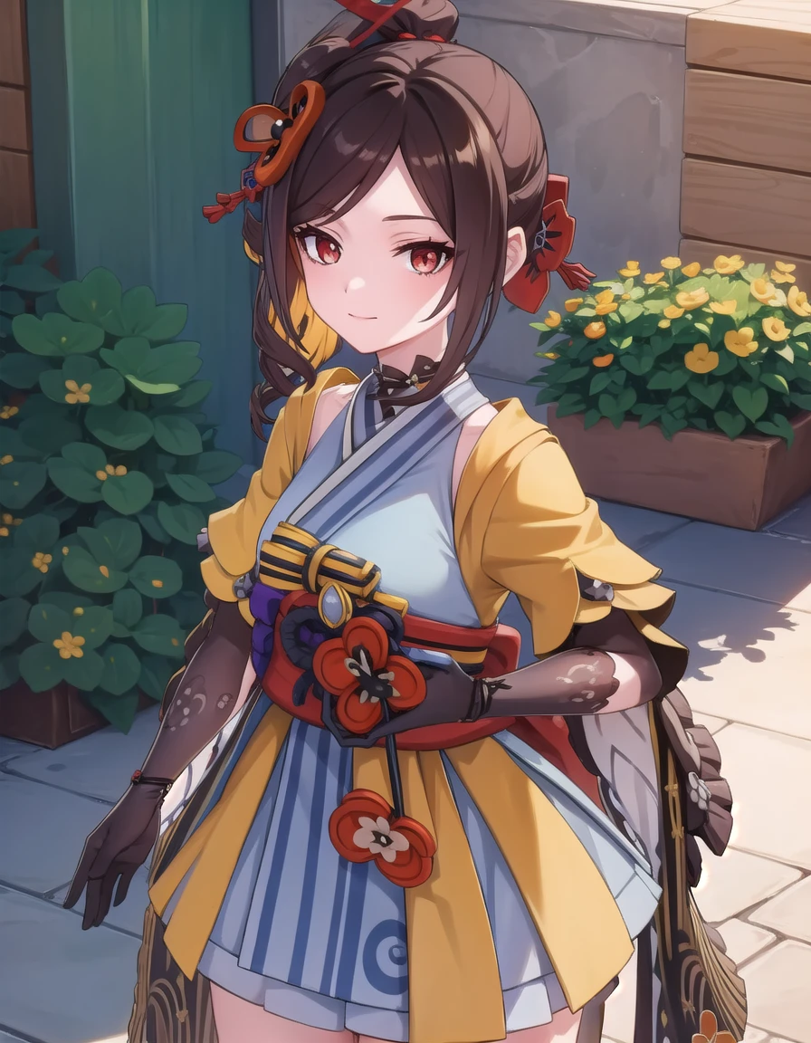 genshinchiori, <lora:genshin chiori ingamebooru-lora-nochekaiser:1>,
chiori, brown hair, hair ornament, (red eyes:1.3), flower, hair flower, smile,
BREAK gloves, japanese clothes, sash, obi,
BREAK outdoors,
BREAK looking at viewer, (cowboy shot:1.5),
BREAK <lyco:GoodHands-beta2:1>, (masterpiece:1.2), best quality, high resolution, unity 8k wallpaper, (illustration:0.8), (beautiful detailed eyes:1.6), extremely detailed face, perfect lighting, extremely detailed CG, (perfect hands, perfect anatomy),