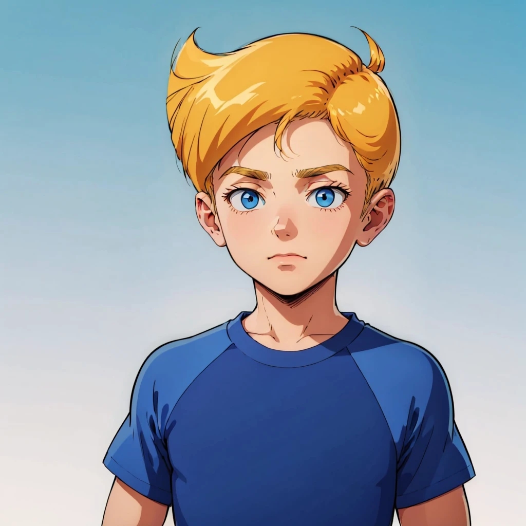 1boy, solo, Norman, blue eyes, blonde hair, short hair, retro artstyle,  child, blue shirt,  raglan sleeves, short sleeves  ,  <lora:Norman_TotallySpies_Leaf3-10:0.8>,  cowboy shot, gradient background,