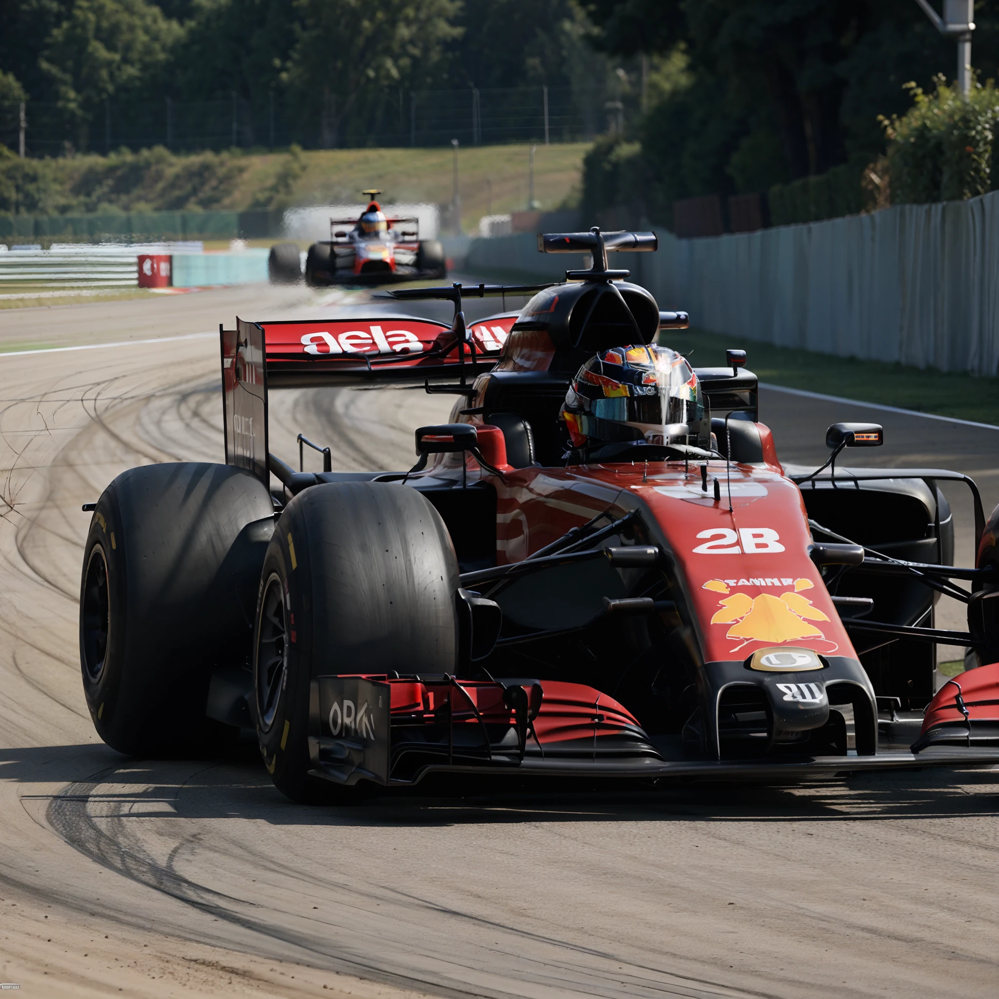 f1,motor vehicle,no humans,red Formula 1 car,shadow,vehicle focus,realistic, <lora:caixukun_v4:10.8High Detail, Sharp focus, ((photorealism)), realistic, best quality, 8k, award winning, dramatic lighting, epic, cinematic, masterpiece, <lora:Formula 1-000000:1>,Gallop down the track,sparks,