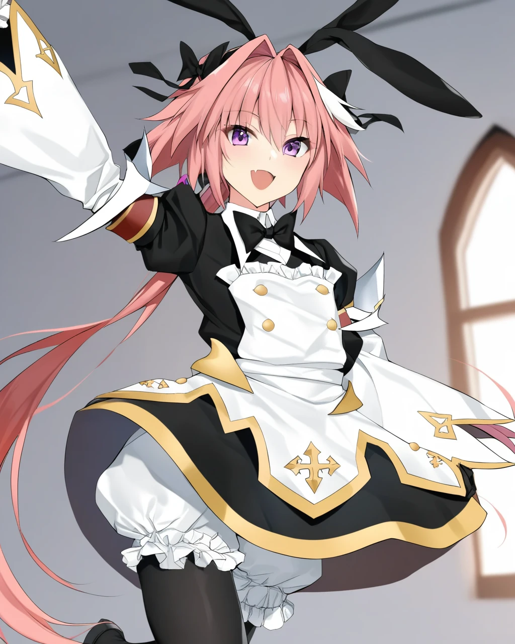 rs,masterpiece,best quality,<lora:astolfov2:1>,heart, solo, astolfo_\(saber\)_\(third_ascension\)_\(fate\), standing_on_one_leg, commentary_request, 1boy, astolfo_\(saber\)_\(fate\), highres, otoko_no_ko, astolfo_\(fate\), rabbit_ears, looking_at_viewer, smile, male_focus, revision, black_bowtie, hair_bow, absurdres