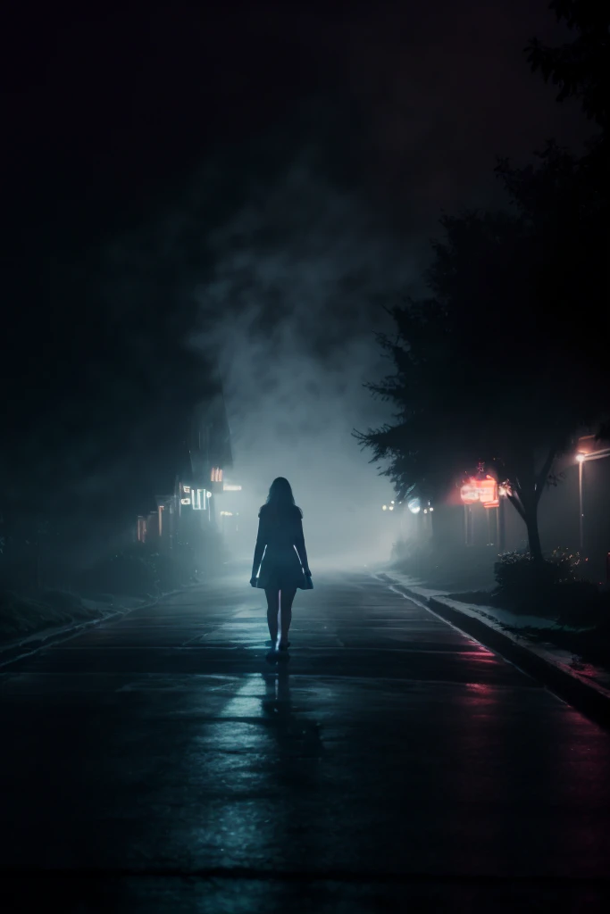 suburban street with woman walking in the distance, euphoria style film still, fog, neon blue hue, at night, dark, dimly lit, low key, film grain, epiCPhoto