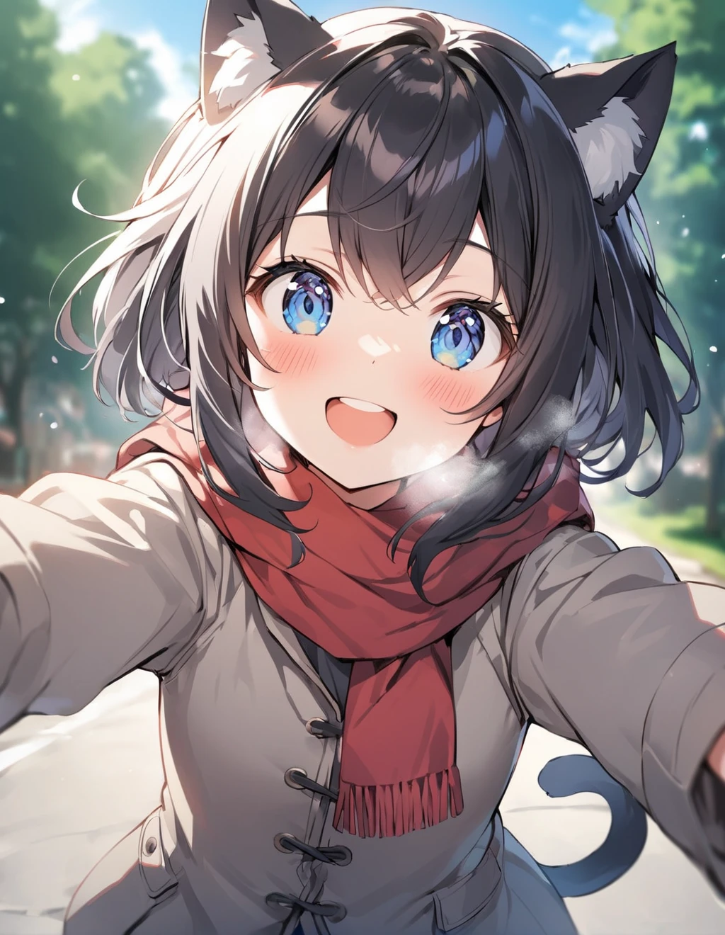 1girl,:d,blue_coat,blurry,blurry_background,blush,breath,close-up,coat,day,grey_coat,long_sleeves,looking_at_viewer,open_mouth,outdoors,outstretched_arms,red_scarf,round_teeth,scarf,smile,solo,sunlight,teeth,two-sided_coat,two-sided_fabric,upper_body,upper_teeth_only,<lora:Difference_3d2:1>,<lora:Fran_XL_Reincarnated_As_A_Sword__Tensei_Shitara_Ken_Deshita:0.7>,fran,black hair,cat ears,blue eyes,cat tail,cat girl,blush,