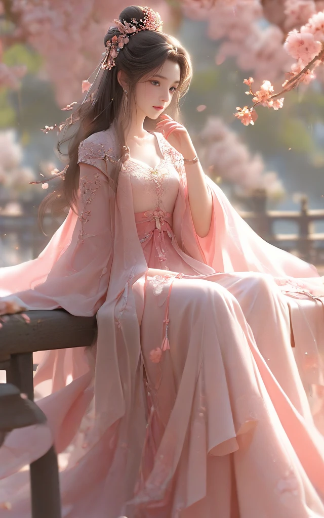 masterpiece, best quality
1girl, blurry, branch, brown eyes, brown hair, cherry blossoms, chinese clothes, dress, earrings, falling petals, flower, full body, hair bun, hair ornament, hand up, hanfu, holding, jewelry, long hair, long sleeves, outdoors, petals, pink dress, pink flower, railing, sitting, solo