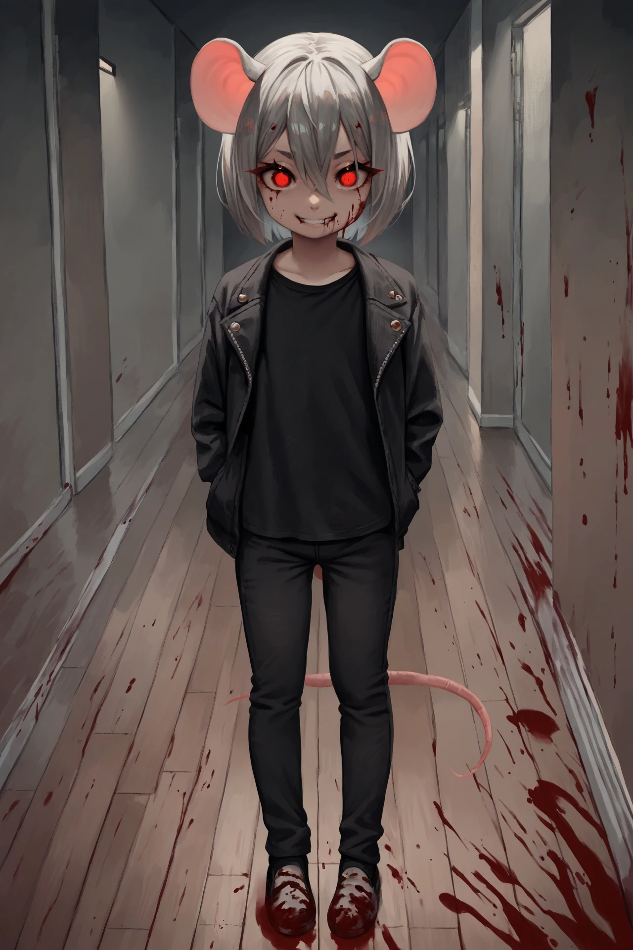 score_9, score_8_up, score_7_up, score_6_up, score_5_up, score_4_up, source_anime, inside, hallway, horror \(theme\), fog, wood floor, black background, dark, looking at viewer, (hair between eyes:1.1), red eyes, wide eyed, grin, blood on face, female, solo, humanoid, mouse humanoid, tail, bob cut, grey hair, flat chested, black jacket, black shirt, black pants, blood, blood on clothing