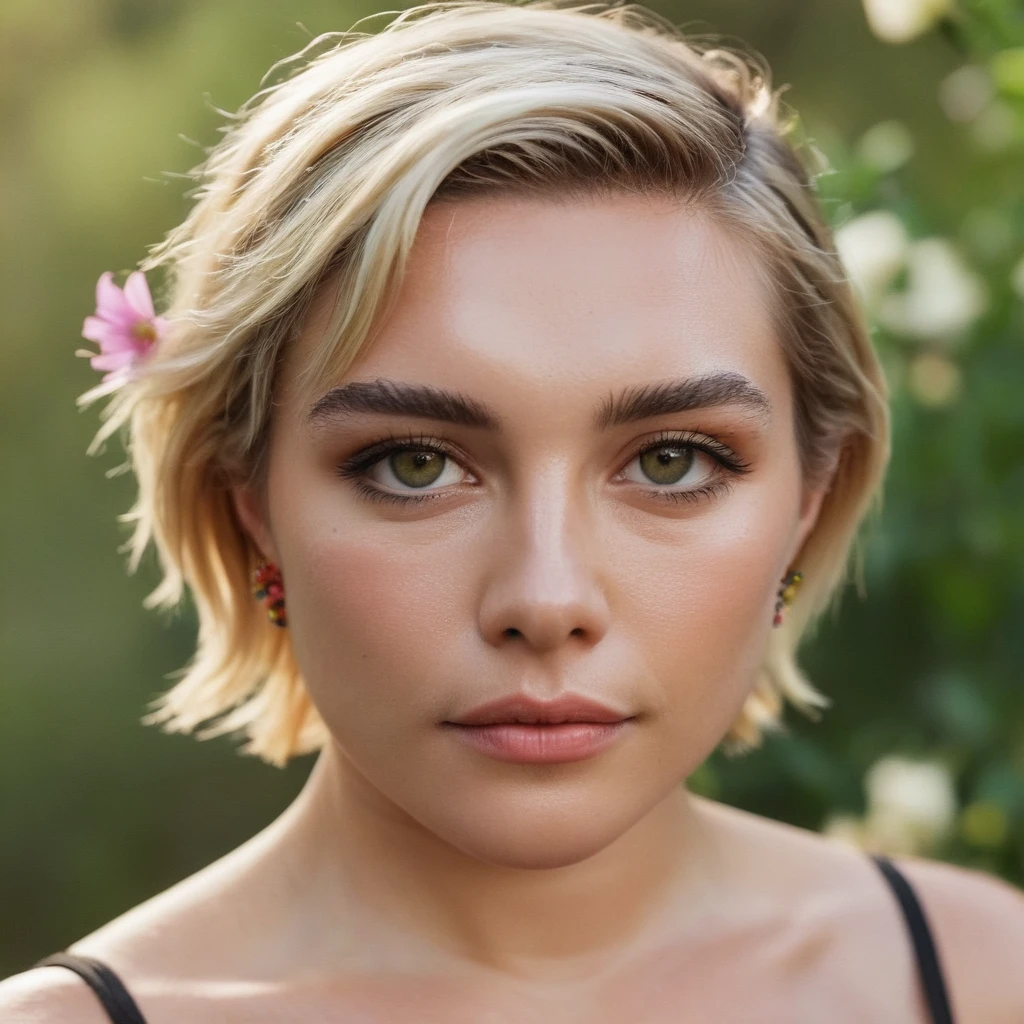 Skin texture, no makeup, Super high res closeup portrait photo of a woman outdoors with her hair short, decorative flowers in her blonde hair,f /2.8, Canon, 85mm,cinematic, high quality,looking at the viewer, <lora:flopugh_xl_1_standard_wo_cap_merger_17_68_05_05:1>