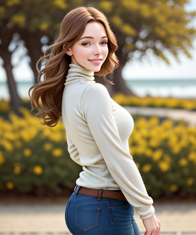 3au2t1nw , (((blurred nature, outdoor), close portrait photo, smile, realistic, ((Brave Elegance: Long Sleeves, Turtleneck, jeans,)