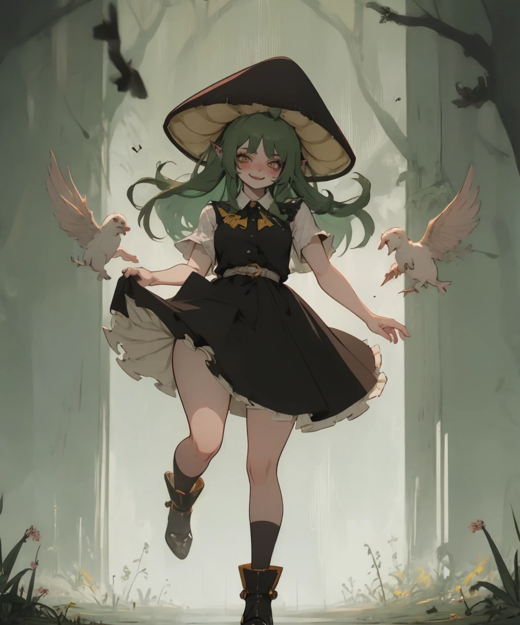 gavial,1girl,green hair,yellow eyes,blush,smile,mushroom hat,looking at viewer,full body,solo,<lora:fairydrop_art-08:1>,<lora:Gavial-04:1>,