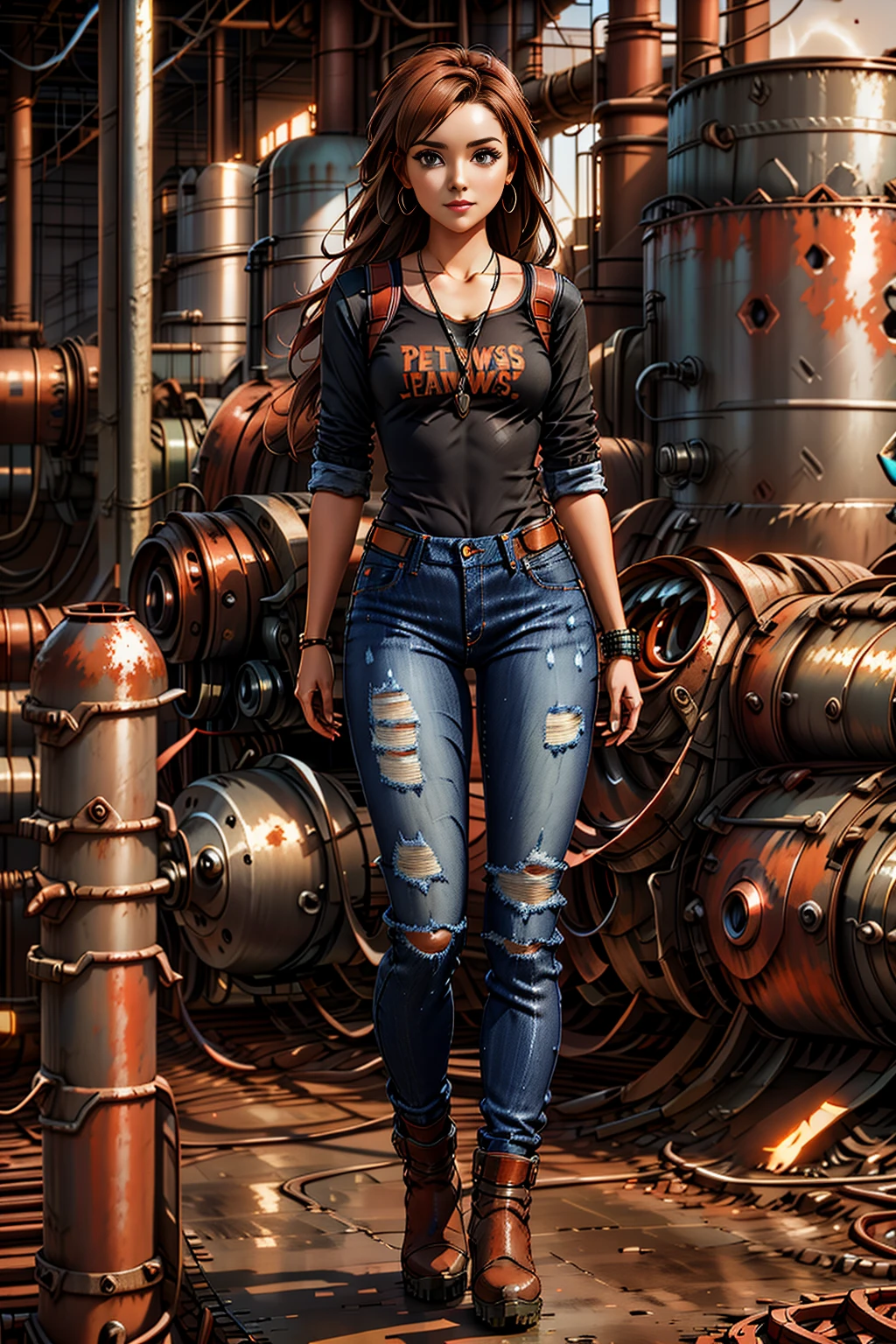 <lora:MetalRustyWorld:1> MetalRustyWorld 1woman (jeans:1.2) in a metal factory