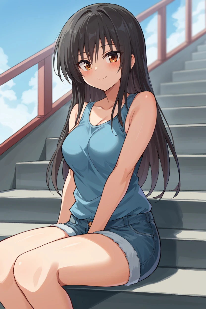 score_9, score_8_up, source_anime, BREAK 1girl <lora:kotegawayui-pdxl-nvwls-v1:1> kotegawayui, long hair, blue tank top, medium breasts, sitting, denim shorts, smile, blush, looking at viewer, stairs, blue sky