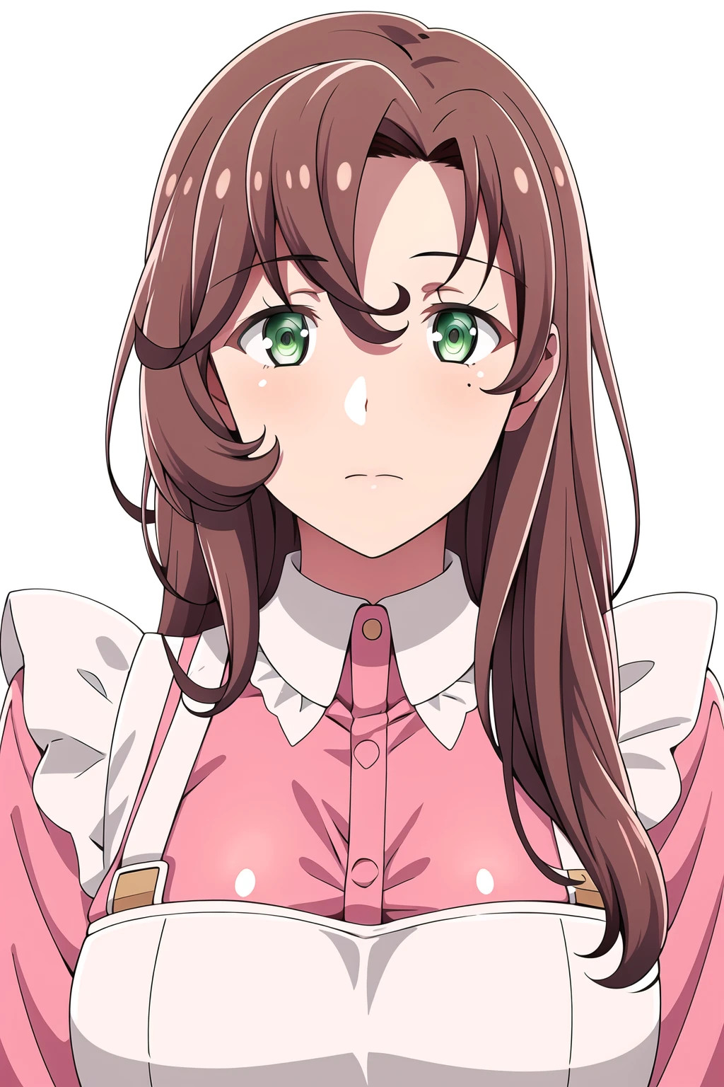 Simple White Background,
dynamic pose,standing at attention,
Pink shirt,long sleeves, ,white apron, puffy sleeves, bowtie,
<lora:Izabella_Voldigoad_MaouGakuin-KK77-V1:0.7>,
Green eyes, Brown hair,bangs,Long hair,
<lora:Oda_Non_Style-KK77-V2:0.3>,<lora:more_details:0.1>,
1 girl, 20yo,Young female,Beautiful long legs,Beautiful body,
Beautiful Nose,Beautiful character design, perfect eyes, perfect face,expressive eyes,perfect balance,
looking at viewer,(Focus on her face),closed mouth, (innocent_big_eyes:1.0),(Light_Smile:0.3),
official art,extremely detailed CG unity 8k wallpaper, perfect lighting,Colorful, Bright_Front_face_Lighting,White skin,
(masterpiece:1.0),(best_quality:1.0), ultra high res,4K,ultra-detailed,
photography, 8K, HDR, highres, absurdres:1.2, Kodak portra 400, film grain, blurry background, bokeh:1.2, lens flare, (vibrant_color:1.2),professional photograph,
(Beautiful,large_Breasts:1.4), (beautiful_face:1.5),(narrow_waist),