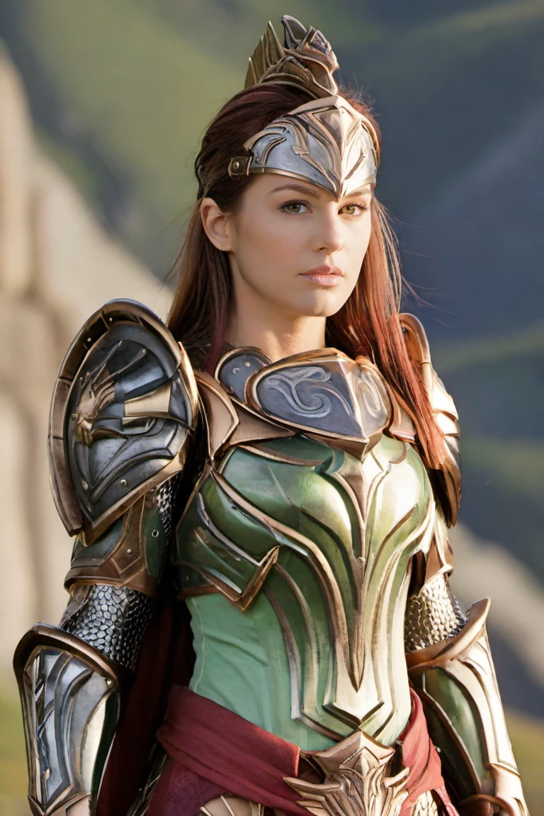 hxarmour,1 woman,(green armour:1.1),mountain,<lora:HXarmour_004XL:0.8>,