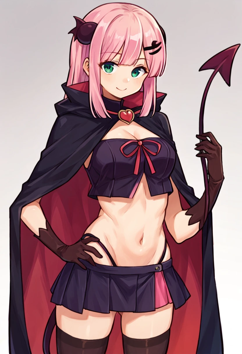 score_9, score_8_up, score_7_up, score_6_up, momodark, 1girl, black cape, black legwear, breasts, cape, chiyoda momo, cloak, closed mouth, cosplay, demon girl, demon tail, eyebrows visible through hair, gloves, gradient, gradient background, hair ornament, hand on hip, highleg, highleg panties, long hair, looking at viewer, midriff, multicolored cape, navel, panties, pink hair, skirt, smile, solo, tail, thighhighs, underwear, <lora:chiyoda-momo_v1:1>